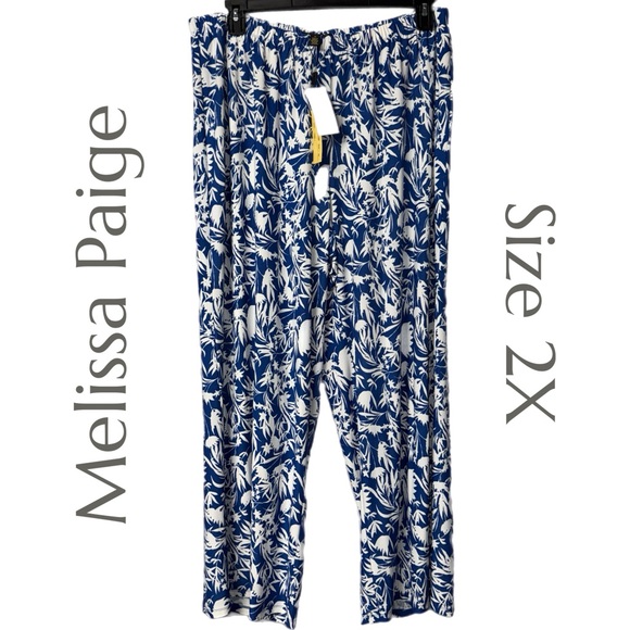 Melissa Paige Pants - Melissa Paige - Tropical Leaf Pants - Blue & White Lightweight Cotton - Size 2X